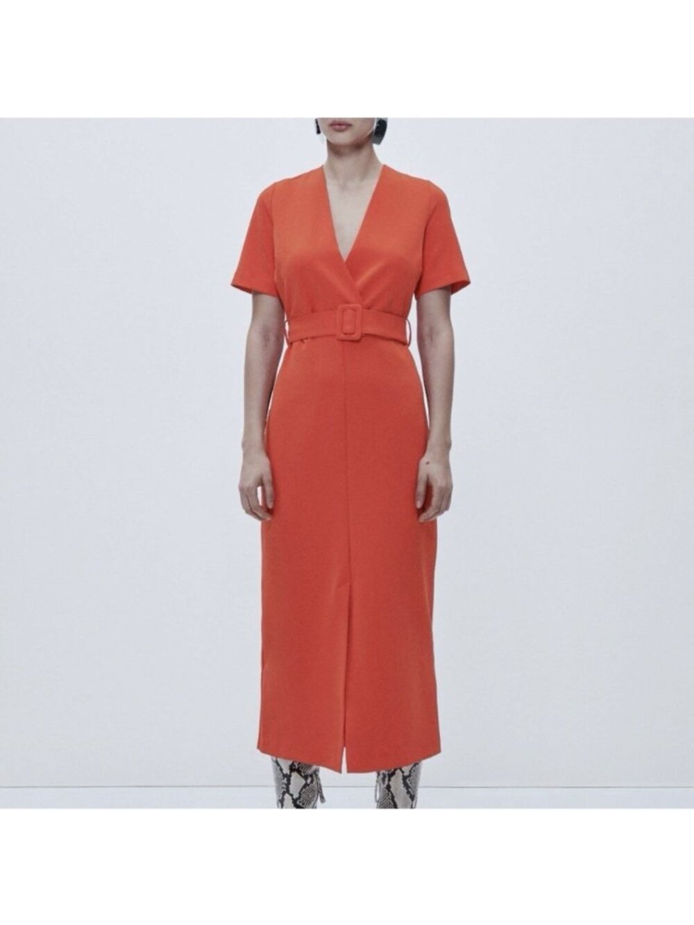 ZARA Midi Dress Belted Orange Sheath V-Neck Stretch Font Slit